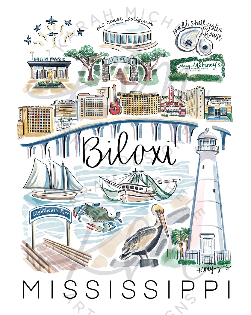 Biloxi City Illustration Prints by Karah Michele Art