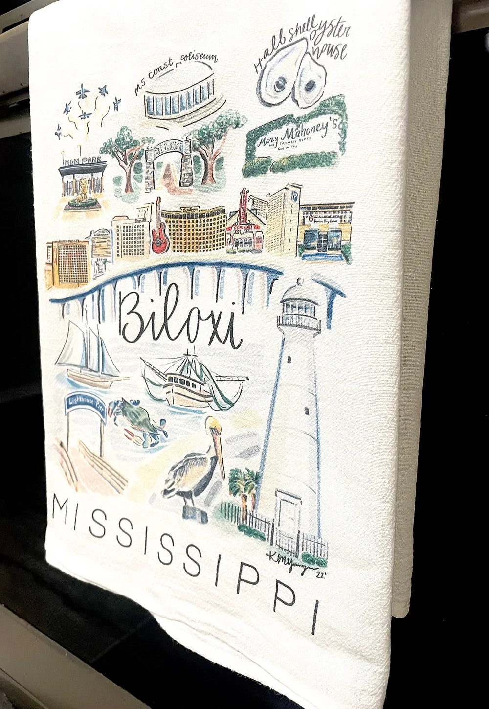 MS Gulf Coast City Illustration Tea Towel by Karah Michele Art