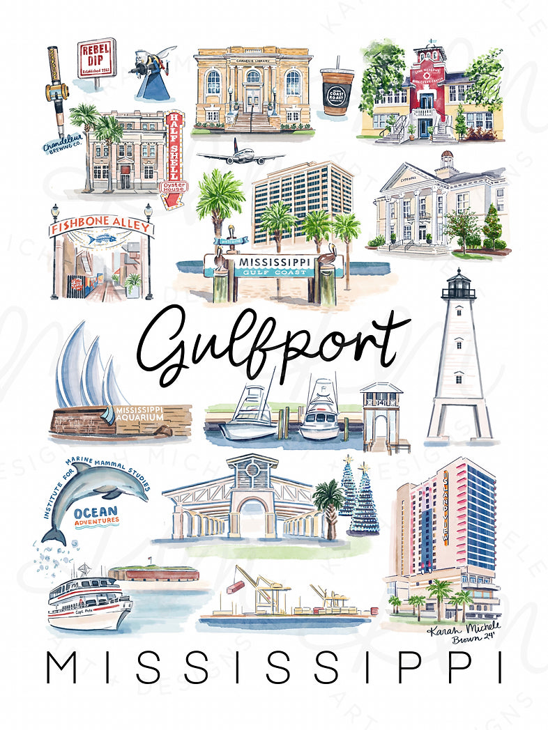 Gulfport City Illustration Prints by Karah Michele Art