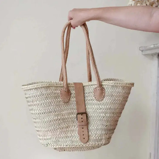 Straw Basket - Handmade with Leather Long Handle Buckle