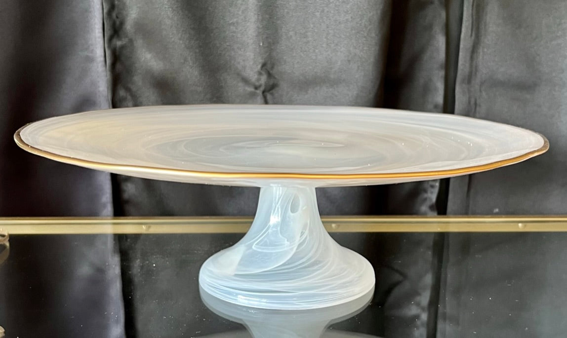 White Alabaster 13" Footed Glass Cakestand With Gold Rim