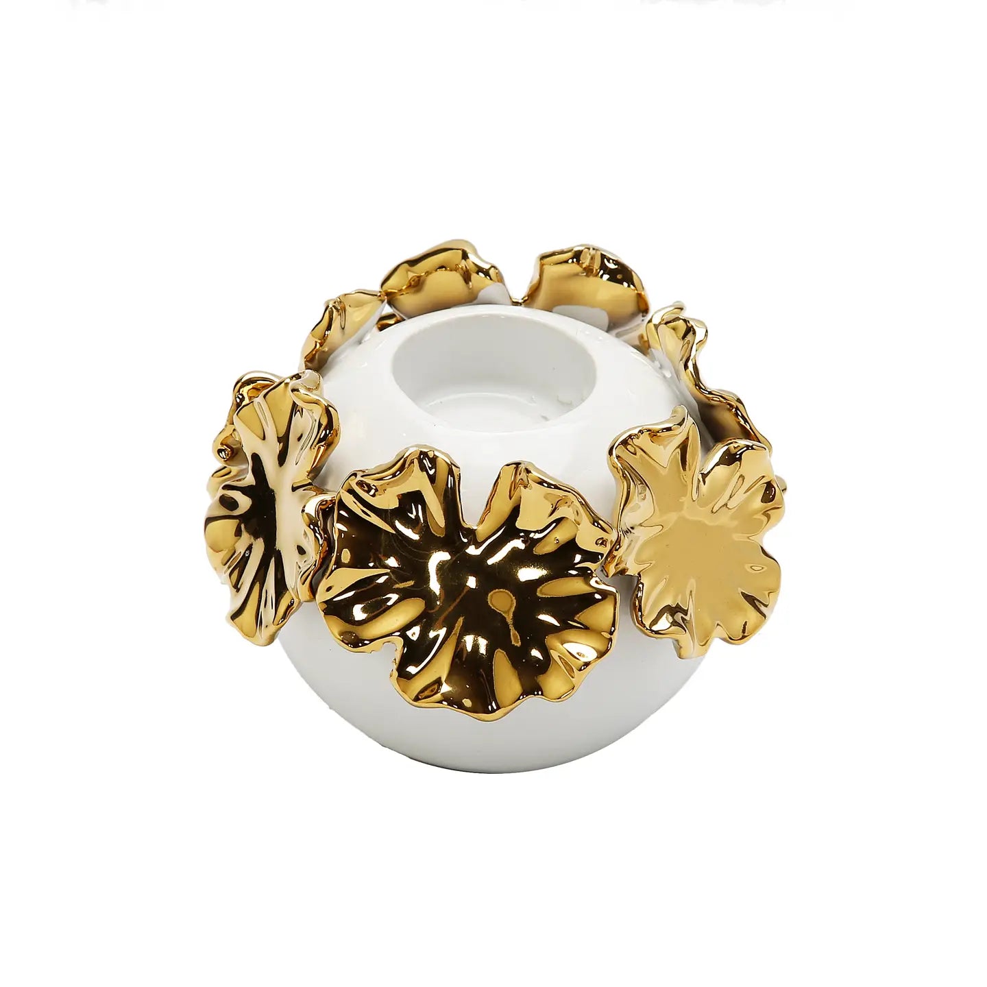 White Ceramic Candle Holder Gold Flower Design