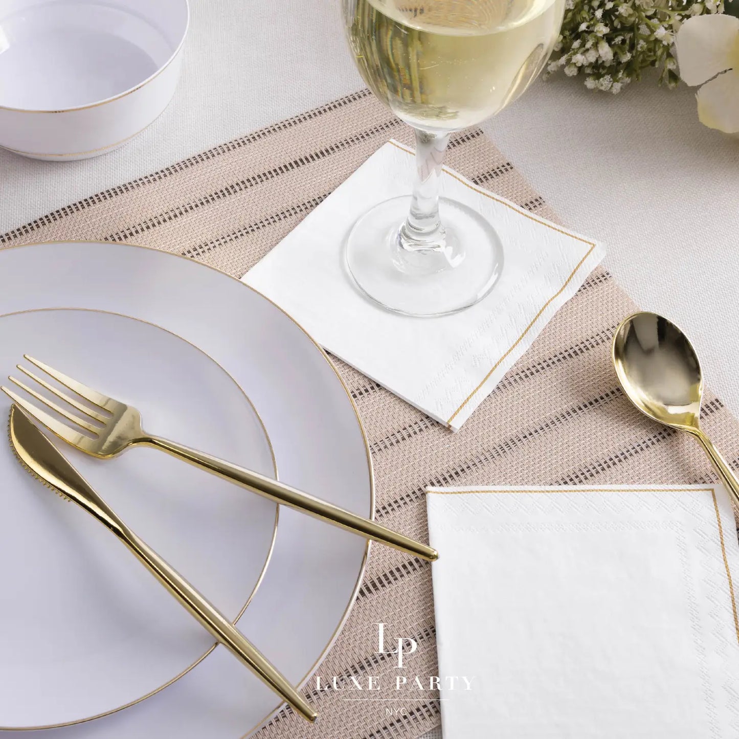 White with Gold Stripe Paper Cocktail Napkins | 20 Napkins