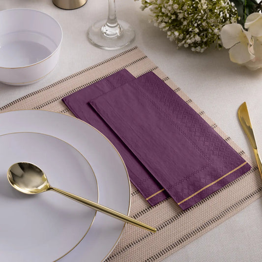 Purple with Gold Stripe Guest Paper Napkins | 16 Napkins