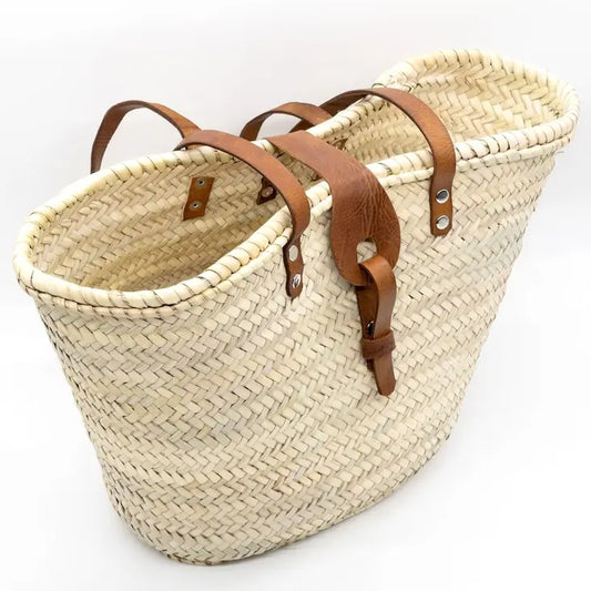French Basket Straw Bag with Leather Handles Beach Bag