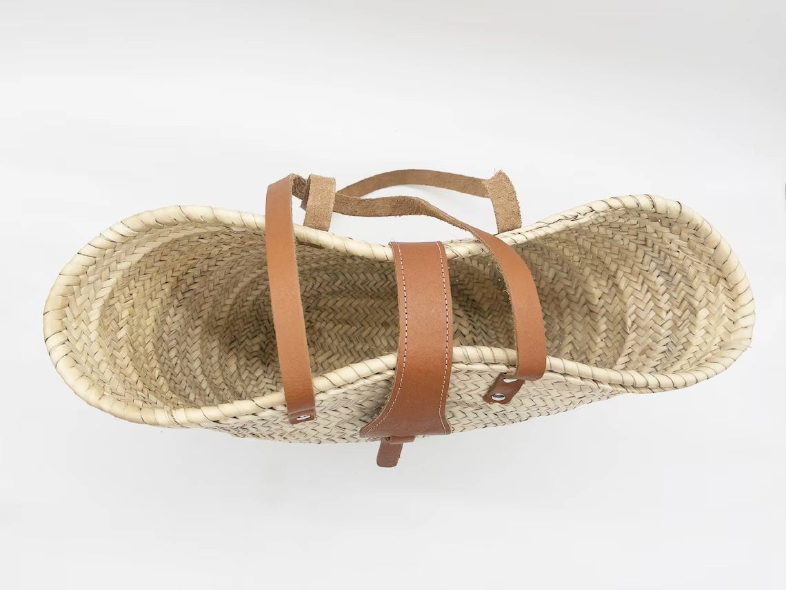 French Basket Straw Bag with Leather Handles Beach Bag