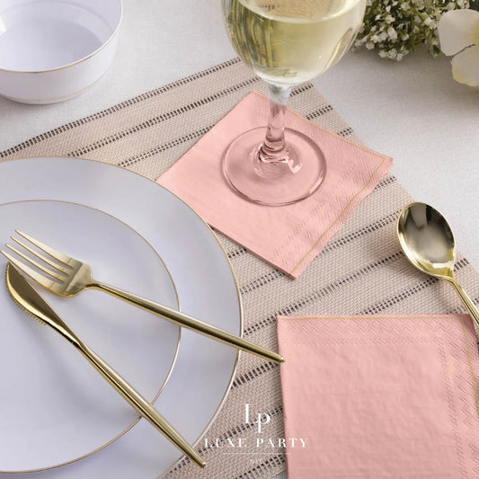 Coral with Gold Stripe Paper Cocktail Napkins | 20 Napkins