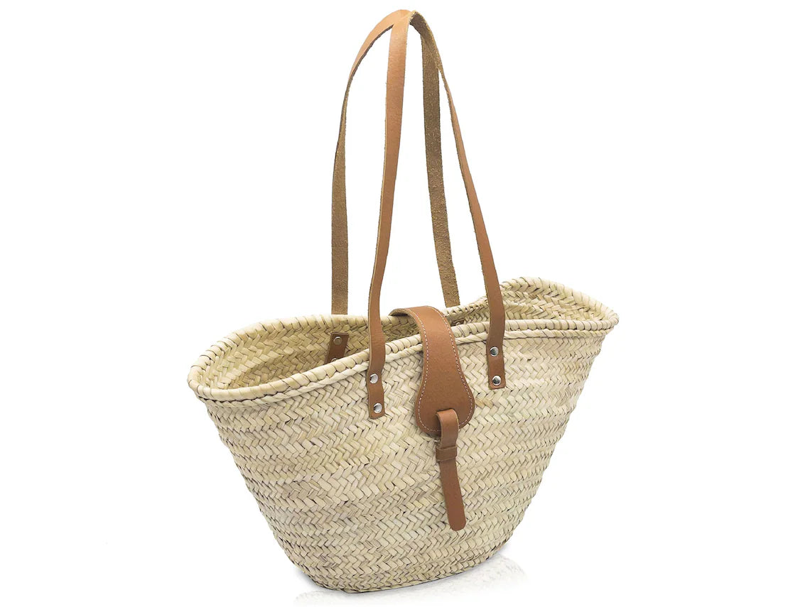 French Basket Straw Bag with Leather Handles Beach Bag