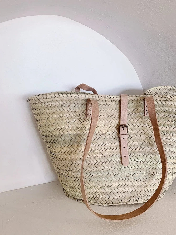 Straw Bag Handmade Moroccan Basket with Leather