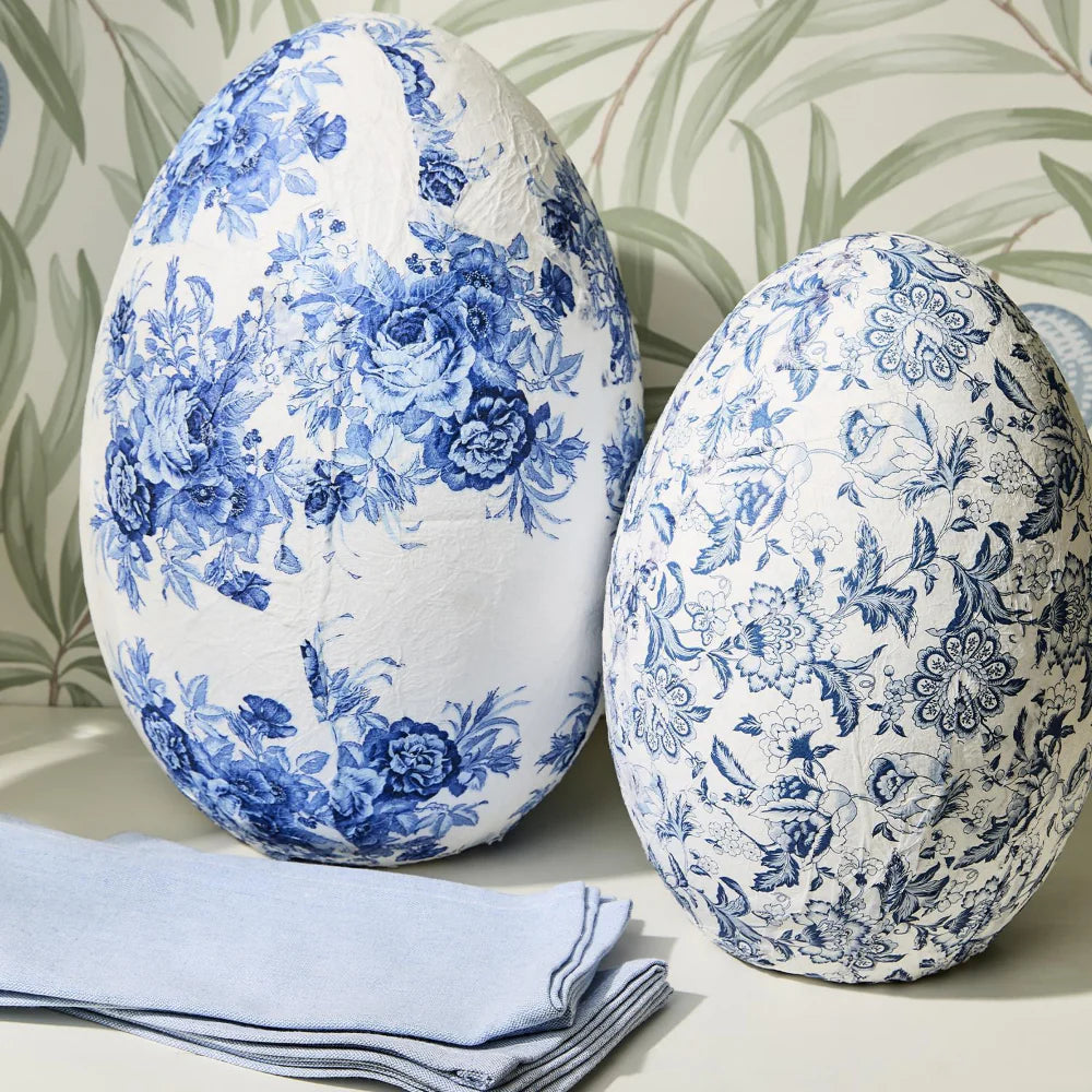 Blue and White Hand-Crafted Paper Mache Eggs- Blue Flowers