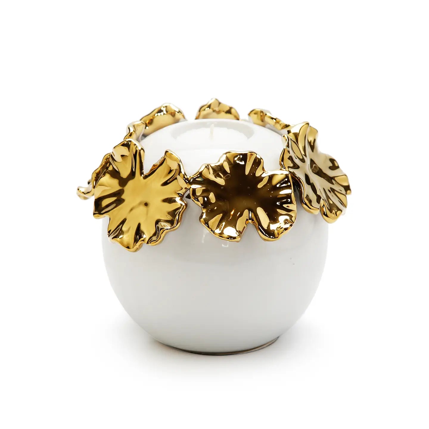 White Ceramic Candle Holder Gold Flower Design