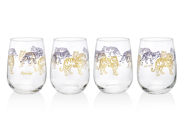 Mignon Faget Tiger, Tiger Purple and Gold Stemless Glasses