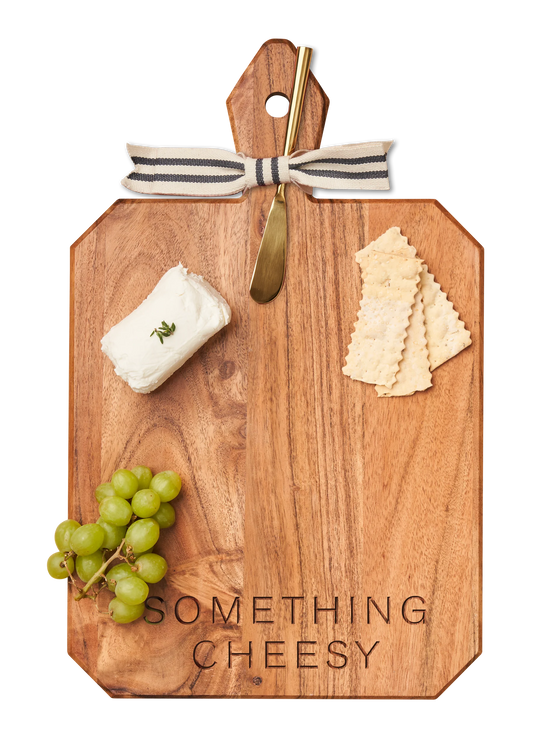 Acacia Heirloom Board with Handle Rectangle & Gold Spreader Tied with Gray & White Ribbon | something cheesy | 16 x 10 x .6"