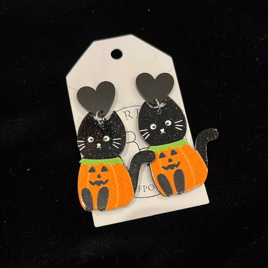 Pumpkin black cat earrings