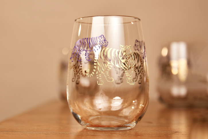 Mignon Faget Tiger, Tiger Purple and Gold Stemless Glasses