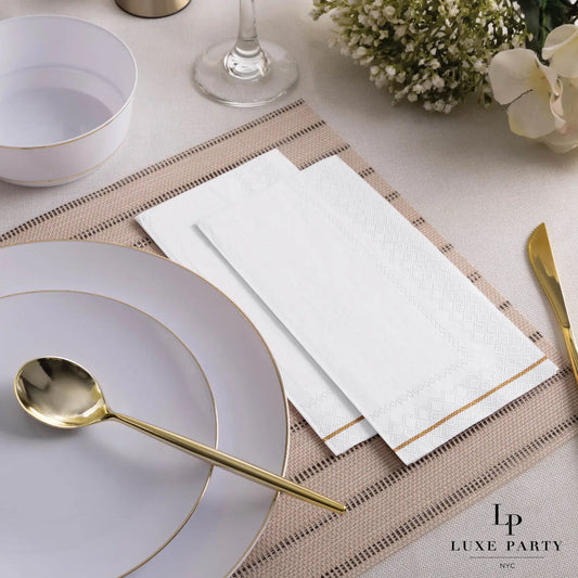 White with Gold Stripe Guest Paper Napkins | 16 Napkins