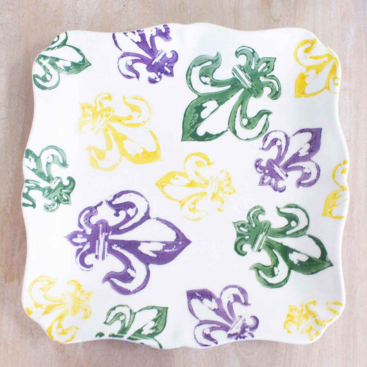 Watercolor Fleur De Lis Platter Purple/Green/Yellow 11x11x1