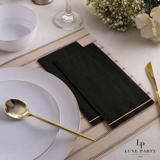 Black with Gold Stripe Guest Paper Napkins | 16 Napkins