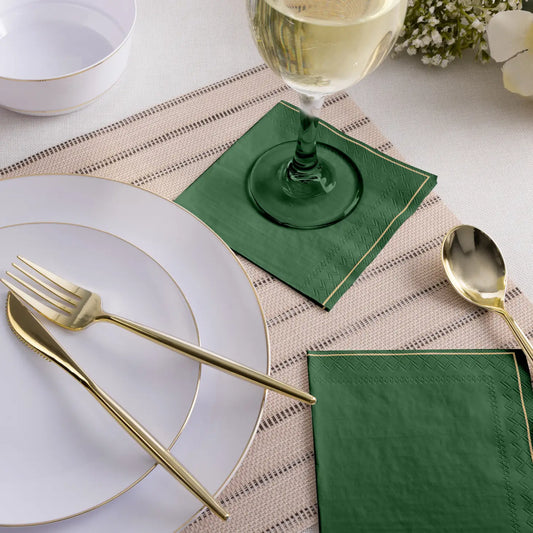 Emerald with Gold Stripe Paper Cocktail Napkins | 20 Napkins