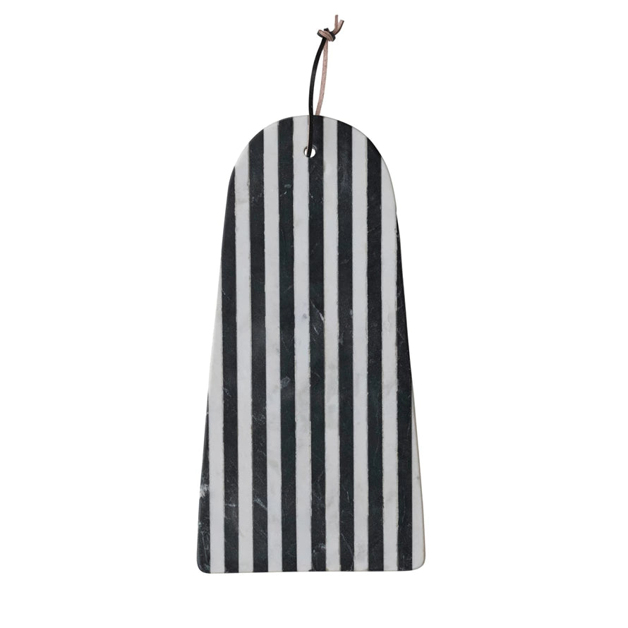 Marble Cheese/Cutting Board w/ Stripes & Leather Tie, Black & White