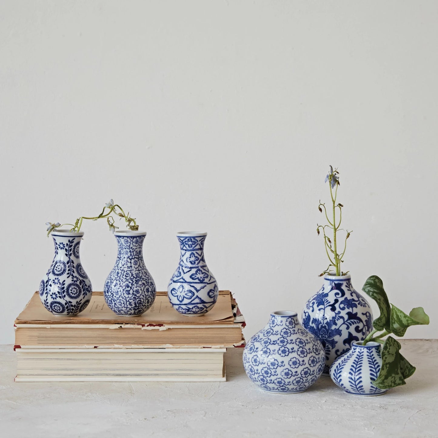 Hand-Stamped Stoneware Vase w/ Pattern, Blue & White