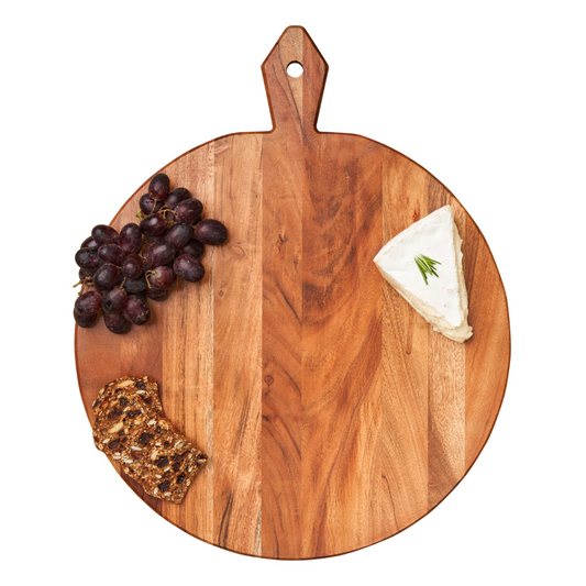 Acacia Heirloom Board with Handle Round & Gold Spreader Tied with Gray & White Ribbon 20x16"