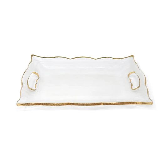 Rectangular Glass Tray with Handles and Gold Rim