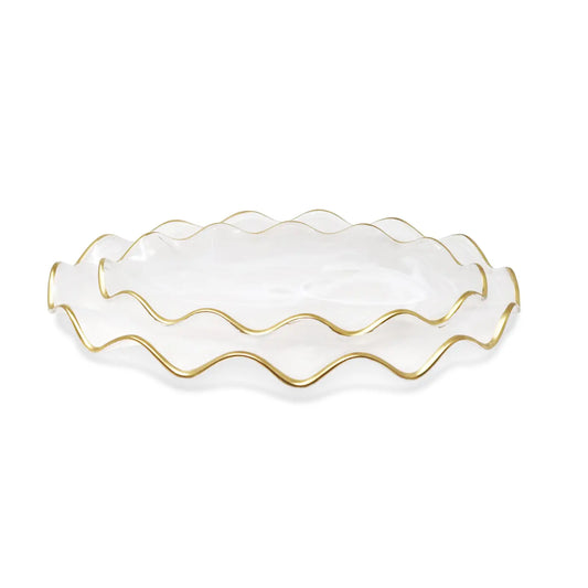 White Alabaster Oval Tray with Gold Ruffled Border