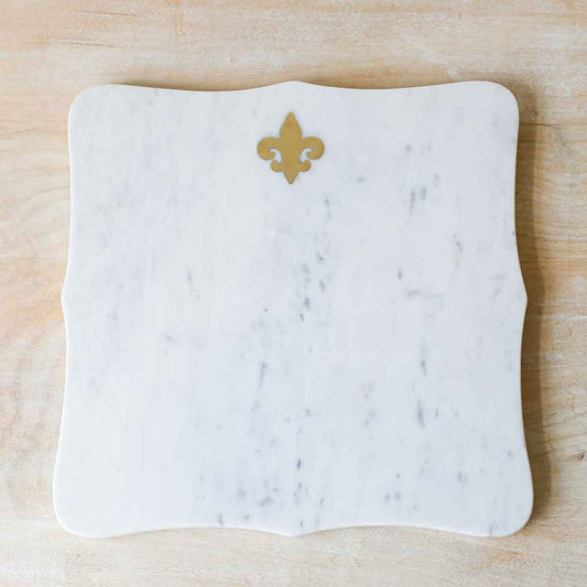 Fleur De Lis Marble Serving Board White/Brass 12x12