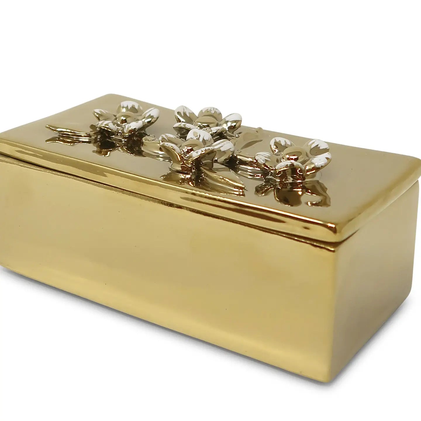 Oblong Gold Decorative Box with Flower Design Lid