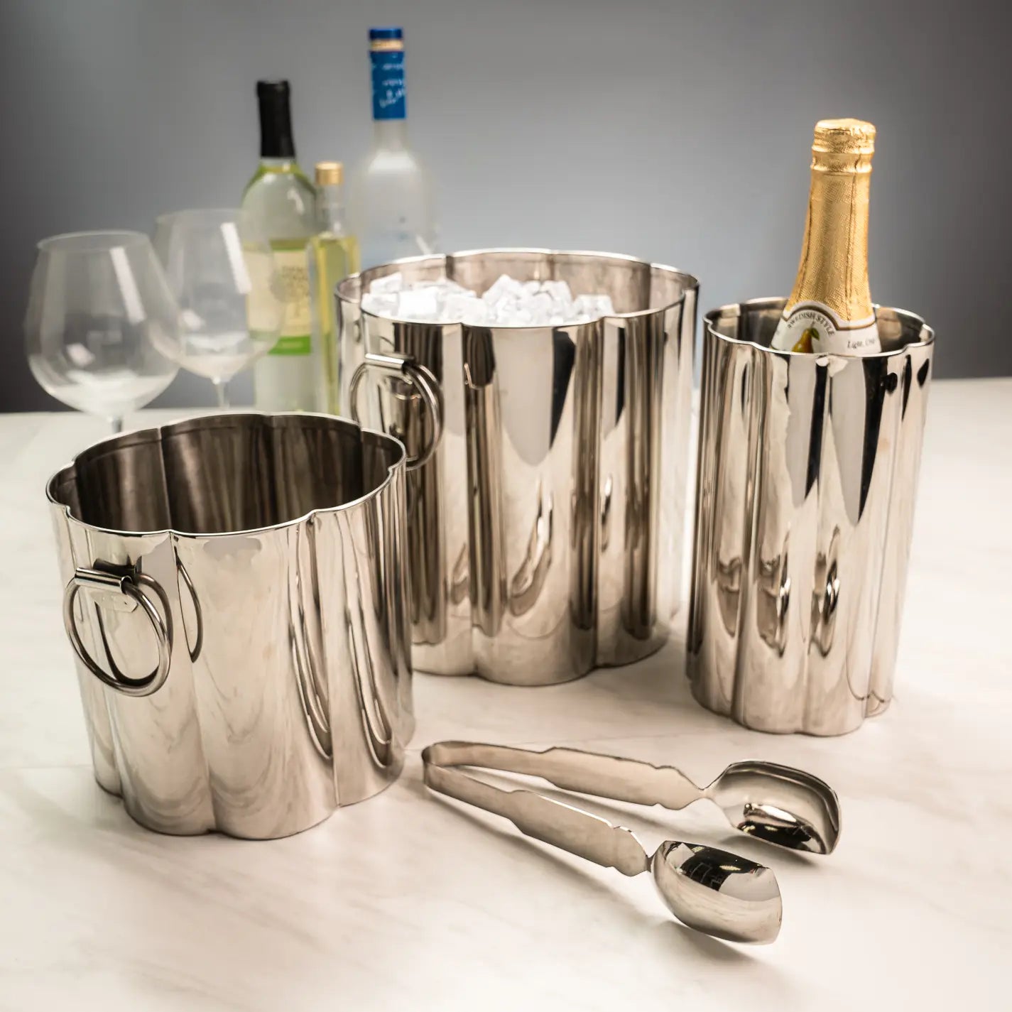 Polished Ss Silver Ice Bucket with Handles