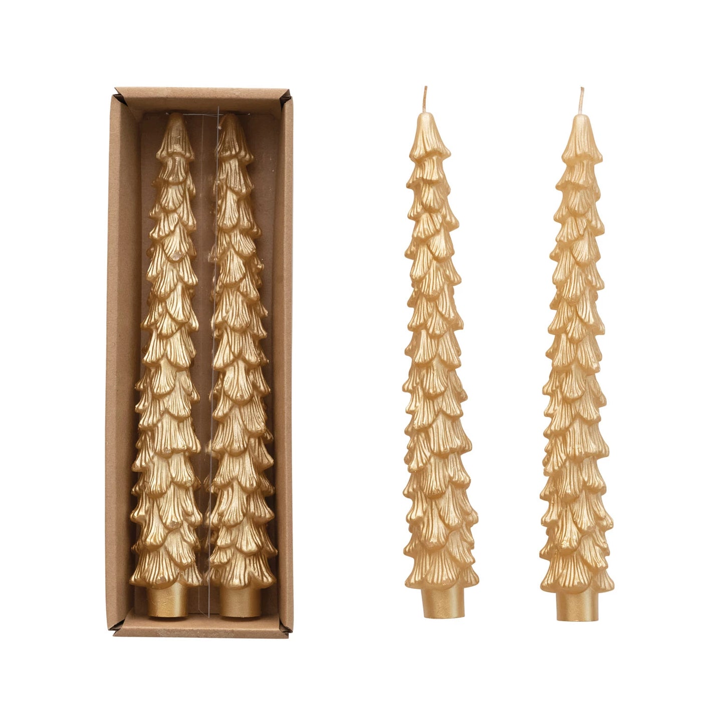 Unscented Tree Shaped Taper Candles w/ Gold Tips in Box, Set of 2