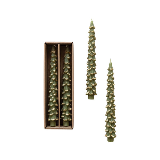 Unscented Tree Shaped Taper Candles w/ Gold Tips in Box, Set of 2