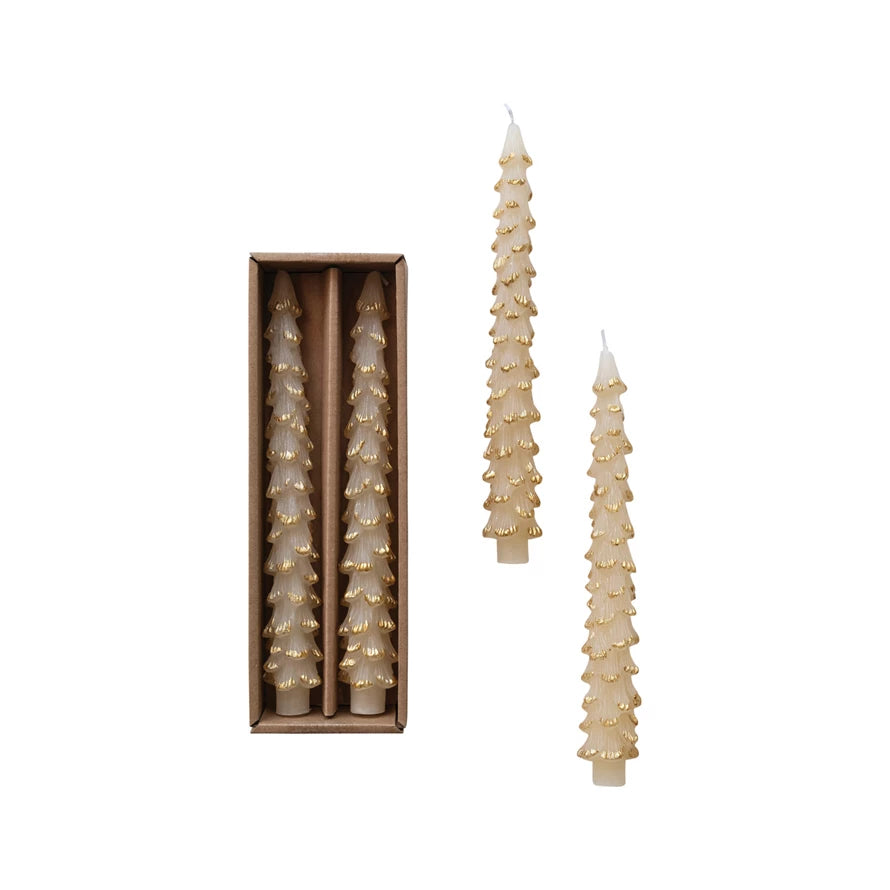 Unscented Tree Shaped Taper Candles w/ Gold Tips in Box, Set of 2